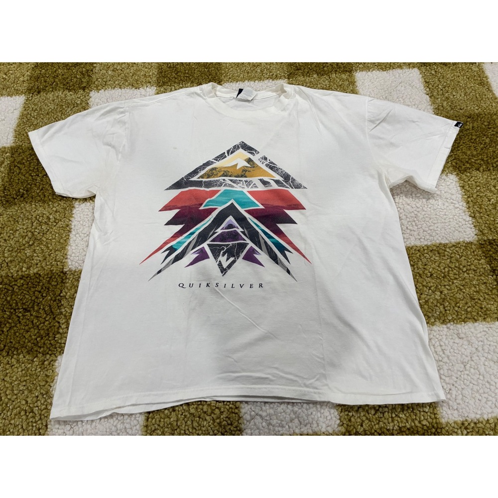 Quiksilver Mens XL White Graphic T-Shirt Geometric Mountain Surf Organic Cotton